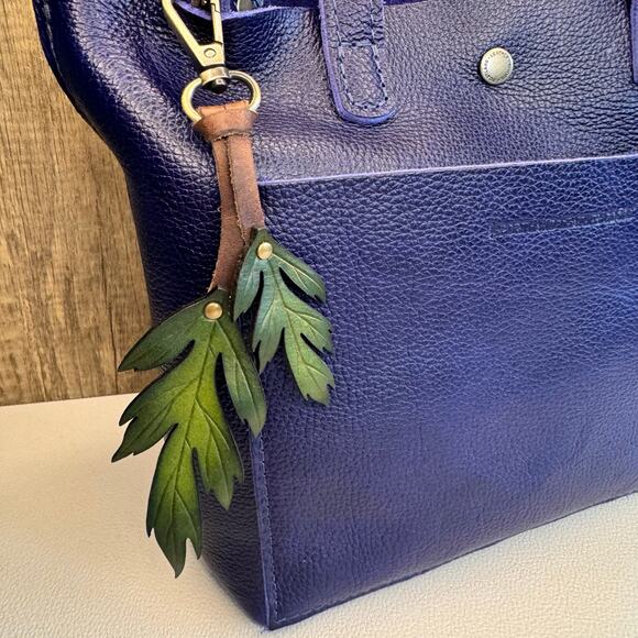 Leather Autumn Fall Purse Charm Oak Leaf Bag Charm Genuine Leather Keychain - Picture 1 of 9